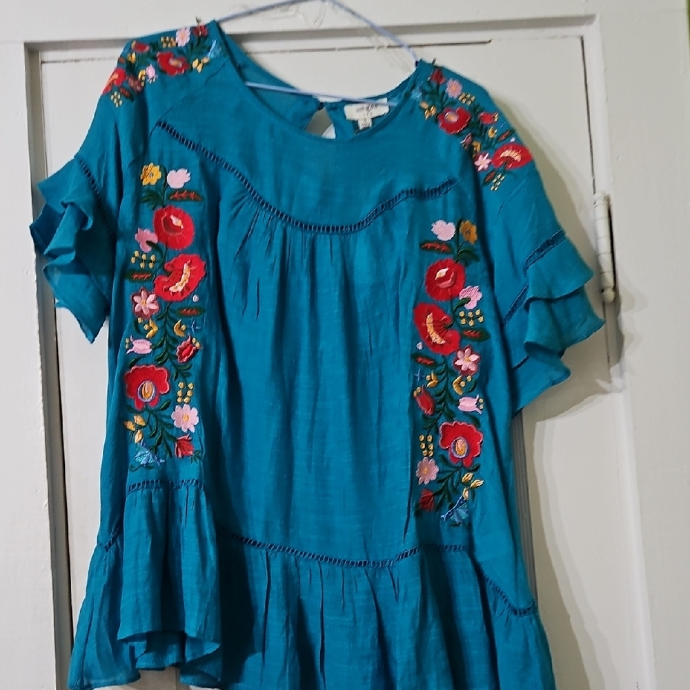 Umgee Teal Embroidered Ruffle-Sleeve Tunic
